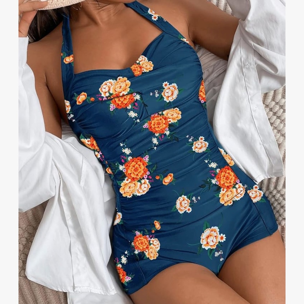 NWT Floral Navy One-Piece Tummy Control Swimsuit with Halter Neck size small